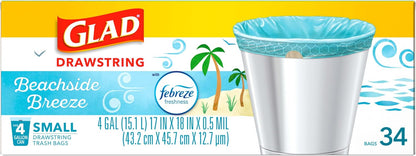 Glad Small Trash Bags 4 Gallon, Febreze Sweet Citron & Lime Garbage Bags, Odor Resistant with Drawstring, 80 Count