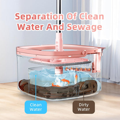 Upgraded Spin Mop and Bucket System Set, Self Separate Clean and Dirty Water, Foldable Square Standing Mop Head with Microfiber Mop Pads, Detachable Bucket (White+Blue, Mop Set with 6PC Pads)
