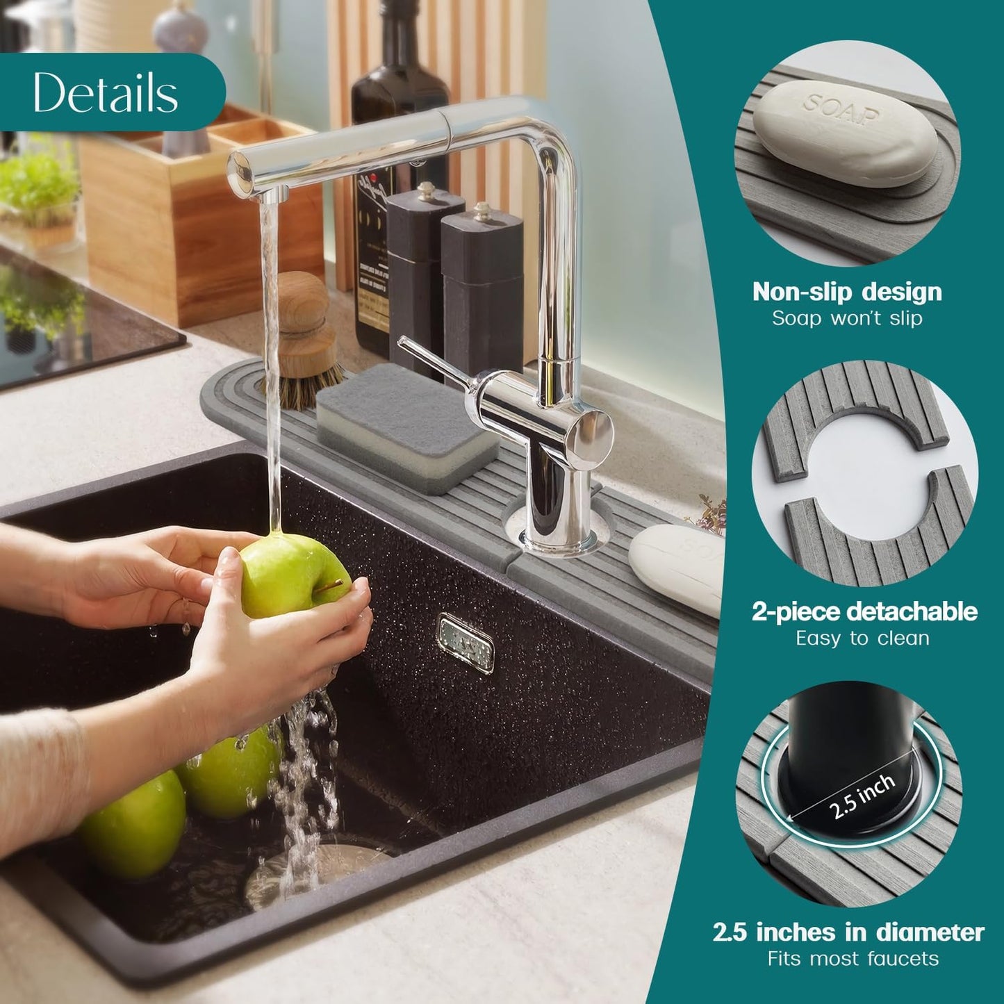 Eormoe Faucet Mat for Kitchen Sink – Diatomite Stone Drying Mat & Sink Protectors, Prevent Moisture – Sink Splash Guard Water-Absorbing Stone Tray for Bathroom Counter (Light Grey, 23.6" x 3.9")