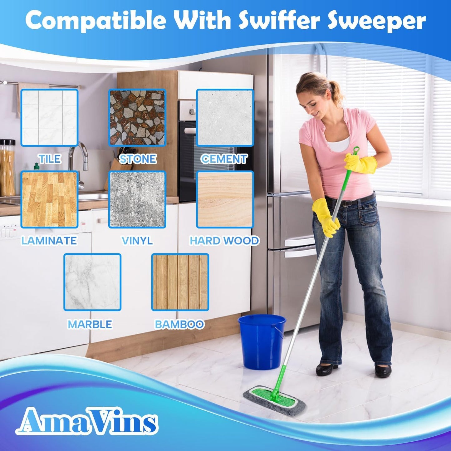AmaVins 5 Pack Reusable Microfiber Mop Pads Compatible with Swiffer Sweeper Mop, Wet and Dry Flat mop Cover, Washable Mop Pads for Surface/Hardwood Floor Cleaning (Mop is Not Included)