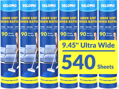 Large Lint Rollers for Carpet: Sticky Rollers for Floor DELOMO 9.45 in with 3 Extendable Handle, Long Handle Sticky Mop for Cleaning Carpets, Cars, Bedding, Couches, and Pet Hair - for Pet Homes