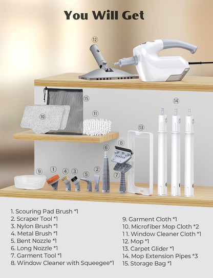 10-in-1 Steam Mop with Detachable Handheld Steamer, Multi & Up Steam Cleaner for Home with 350ml Tank, 10s Heat-Up, 2-Level Control, Lightweight and Multi-Surface Steamer for Floors, Carpets, Tiles