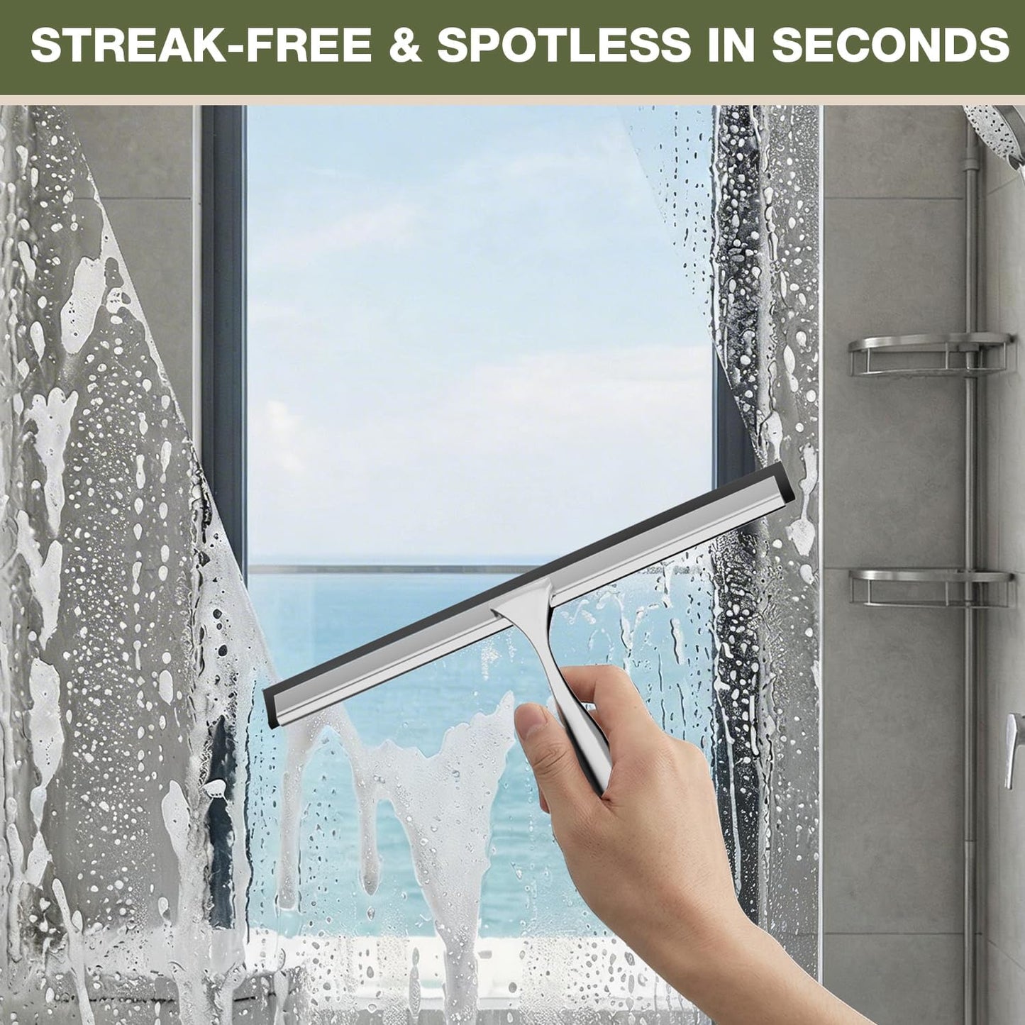 FARMER Shower Squeegee for Glass Doors, 10-Inch Glass Squeegee for Windows, Car Glass and Mirrors, Multi-Purpose Stainless Steel Squeegee with Suction Wall Hook and Over Door Hook, Silver