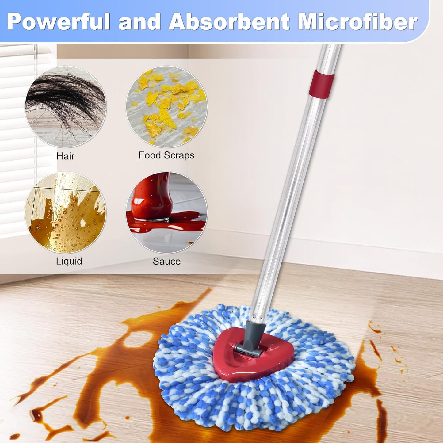 Spin Mop Replace Head, Base, Mop Handle Replacement for OCedar EasyWring 1 Tank System, Include 2 Microfiber Mop Head Replacement, 1 Sturdy Iron 30-58" Mop Handle, 1 Scrubber Head, 1 Spin Base