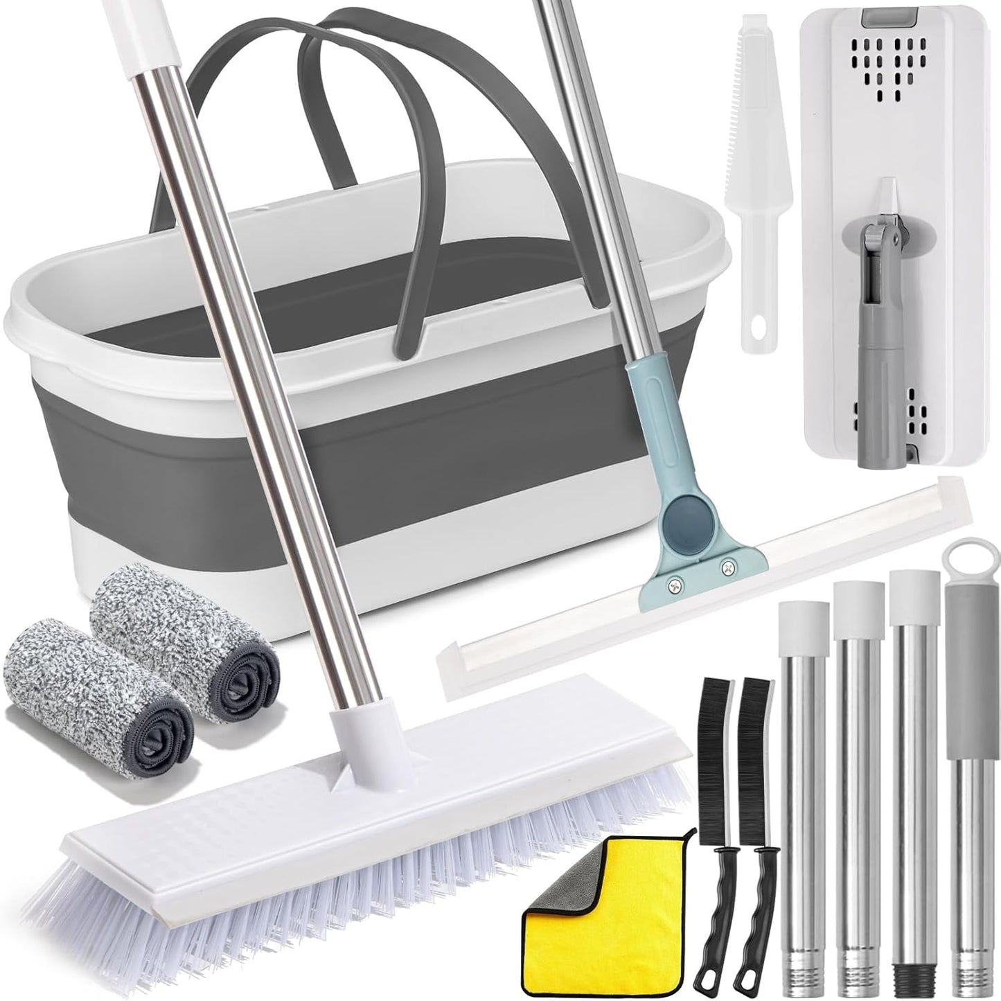 Flat Mop and Bucket Set with Heavy Duty Scrub Brush, 2 Washable Reusable Microfiber Pads, for Tile Hardwood, Wall Cleaning, Home Indoor or Outdoor Cleaning (White-Gray)