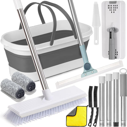 Flat Mop and Bucket Set with Heavy Duty Scrub Brush, 2 Washable Reusable Microfiber Pads, for Tile Hardwood, Wall Cleaning, Home Indoor or Outdoor Cleaning (White-Gray)
