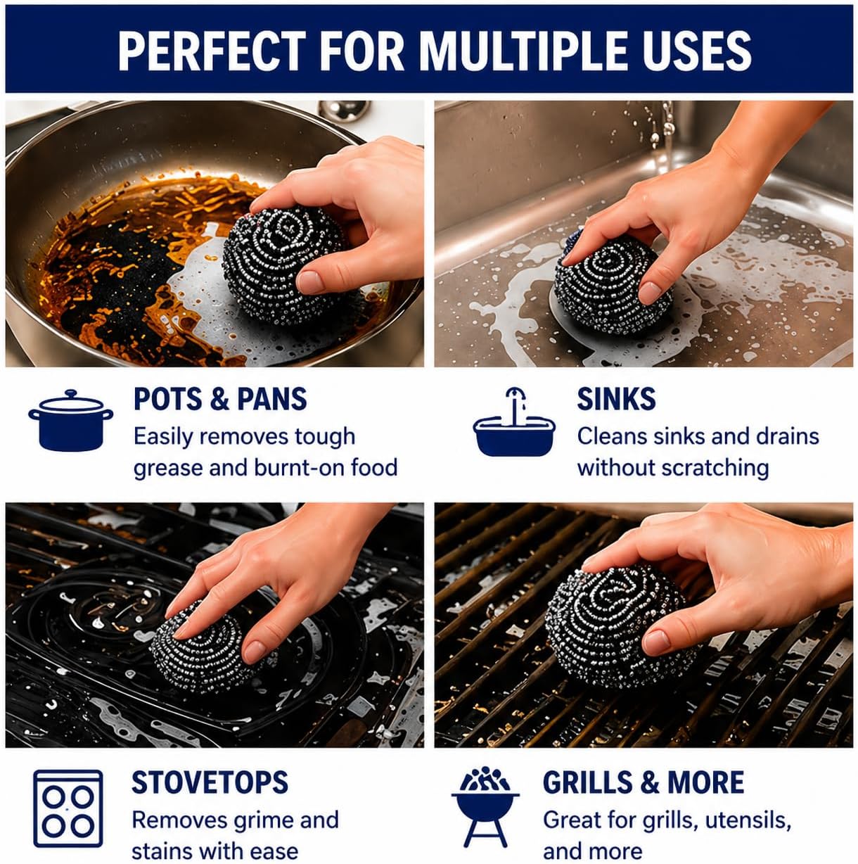 Stainless Steel Scrubber Balls 3 Pack, Heavy Duty Steel Wool Scouring Pads for Pots, Pans, Sink & Grill, Rust Resistant Kitchen Cleaning Scrubbers, Long Lasting (3)