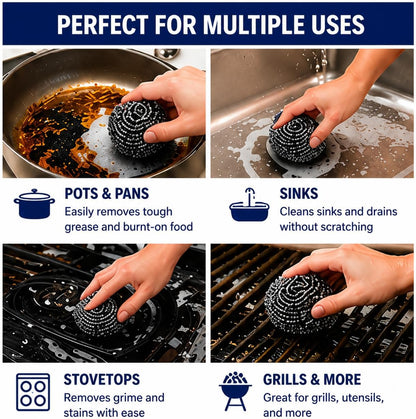 Stainless Steel Scrubber Balls 3 Pack, Heavy Duty Steel Wool Scouring Pads for Pots, Pans, Sink & Grill, Rust Resistant Kitchen Cleaning Scrubbers, Long Lasting (3)