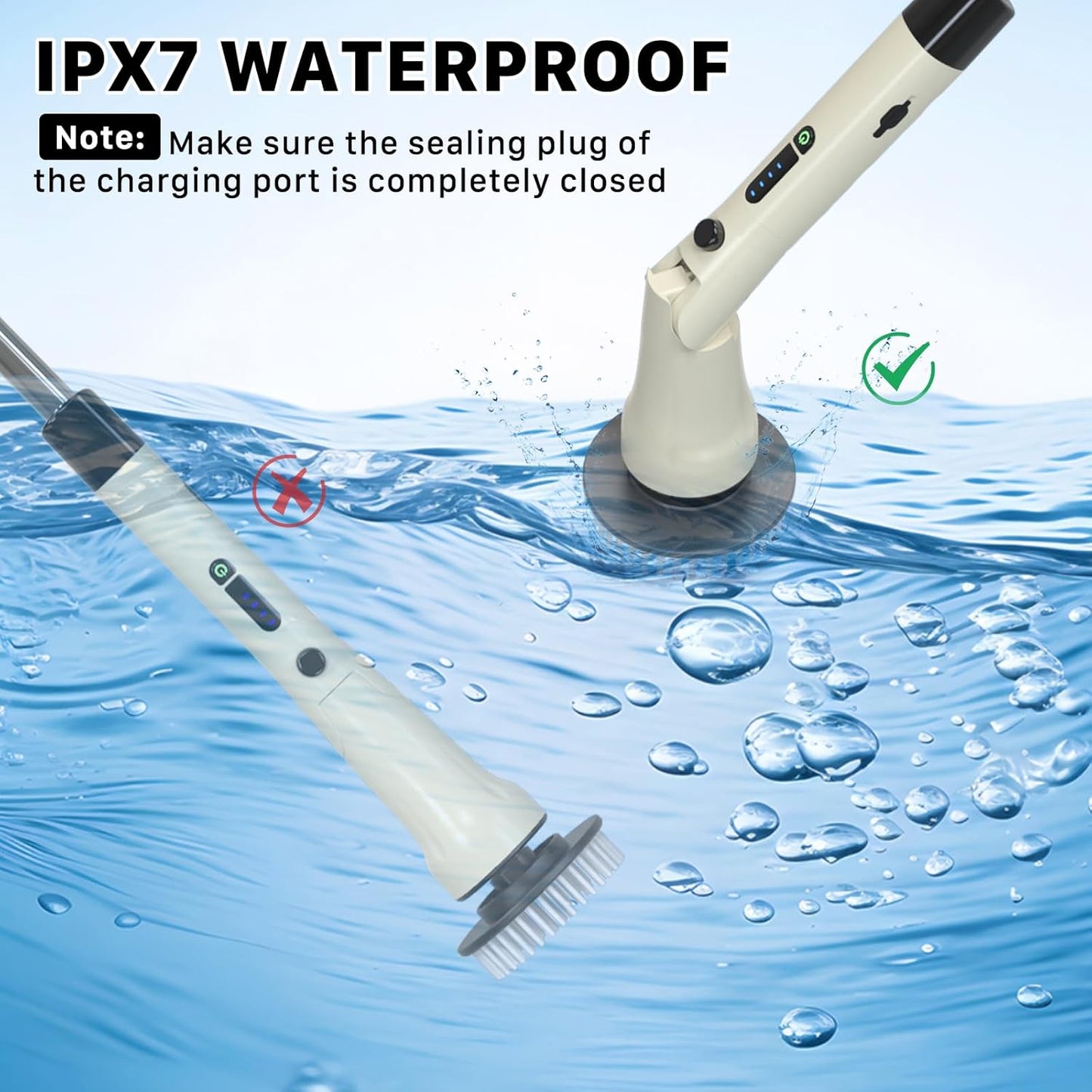 Electric Spin Scrubber, Hillyfe Bathroom Scrubber Electric with 7 Replaceable Brush Heads, IPX7 Waterproof,300/400 RPM, 3 Adjustable Length,Scrubber Brush Electric for Bathtub Floor,White