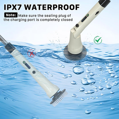 Electric Spin Scrubber, Hillyfe Bathroom Scrubber Electric with 7 Replaceable Brush Heads, IPX7 Waterproof,300/400 RPM, 3 Adjustable Length,Scrubber Brush Electric for Bathtub Floor,White