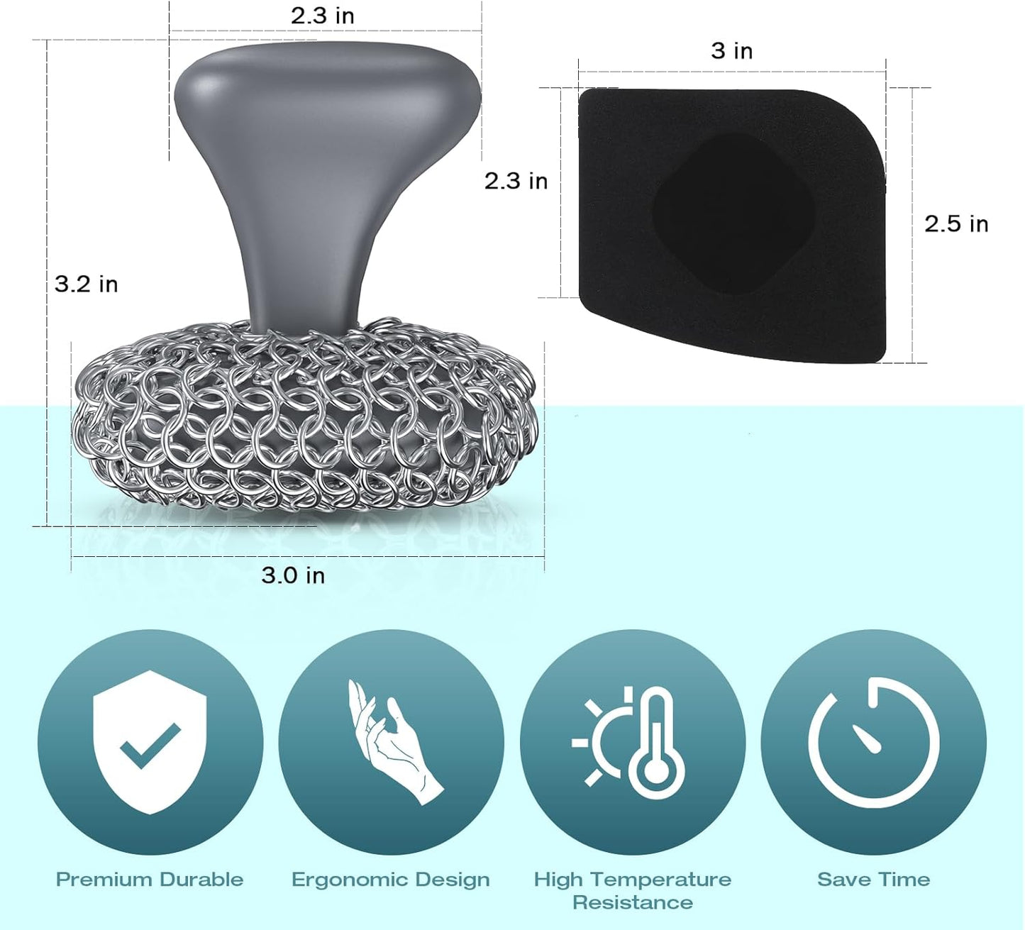 Cast Iron Scrubber | Dish Scrub Brush | 316 Cast Iron Cleaner Chainmail Scrubber for Pan Skillet Cleaner - Dish Scouring Pad Dishwasher Safe Cleaning Kit, Blue