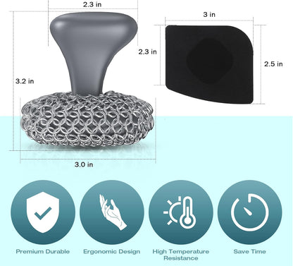 Cast Iron Scrubber | Dish Scrub Brush | 316 Cast Iron Cleaner Chainmail Scrubber for Pan Skillet Cleaner - Dish Scouring Pad Dishwasher Safe Cleaning Kit, Blue
