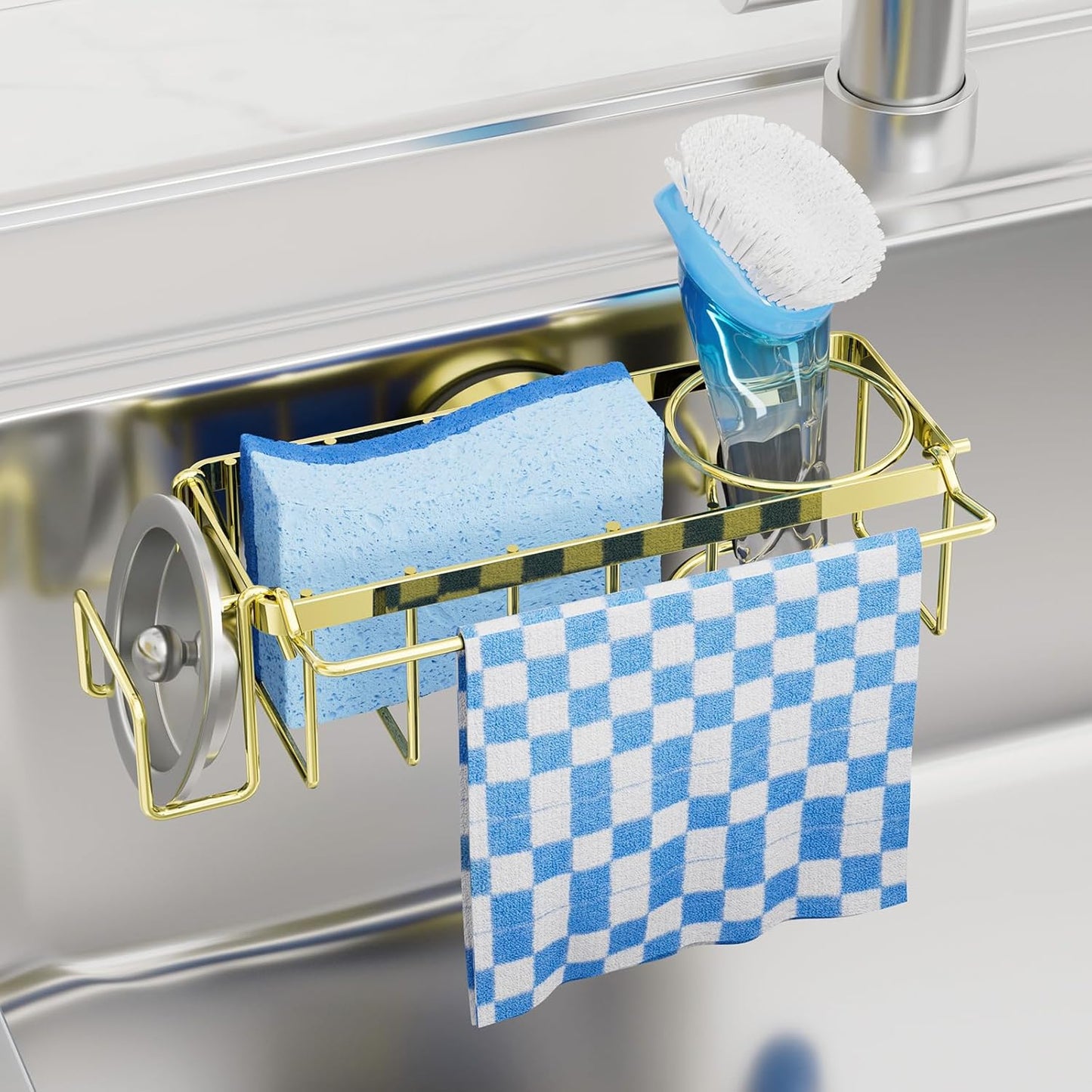 TAILI 4-in-1 Sink Caddy with Strong Suction Cup, Sponge Holder for Kitchen Sink Organizer, Removable, Rustproof, Stainless Steel Holder for Sponge, Brush, Scrubber, Scraper - Silver