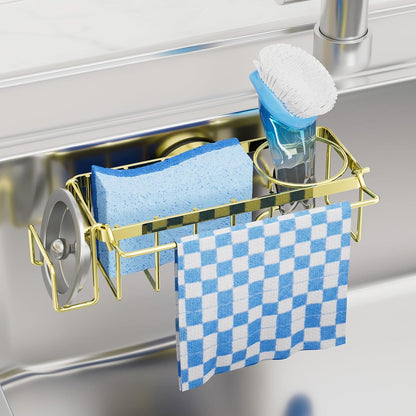 TAILI 4-in-1 Sink Caddy with Strong Suction Cup, Sponge Holder for Kitchen Sink Organizer, Removable, Rustproof, Stainless Steel Holder for Sponge, Brush, Scrubber, Scraper - Silver