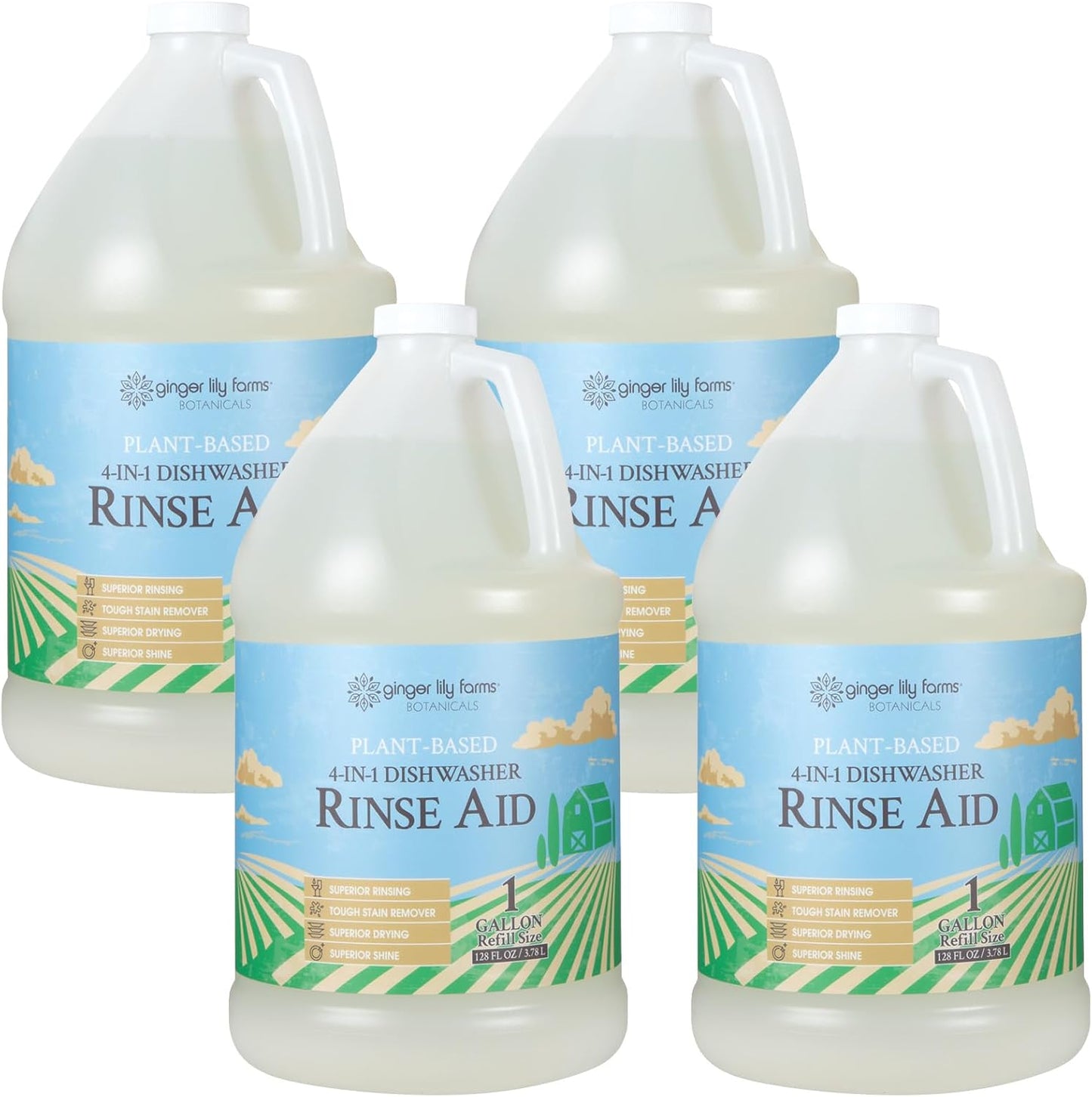 Ginger Lily Farms Botanicals Plant-Based 4-In-1 Dishwasher Rinse Aid, 100% Vegan & Cruelty-Free, Fragrance-Free, 1 Gallon (128 fl oz) Refill, 128.00 Fl Oz (Pack of 1)