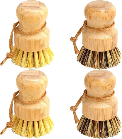 Bamboo Dish Brush Set, 4 Pcs Palm Wooden Dish Scrubber Brush, Dish Brushes, Durable Wood Dishes Scrub Brush, Natural Round Vegetable Cleaning Pots Pans Sink Washing Kitchen Brush by Aisuly