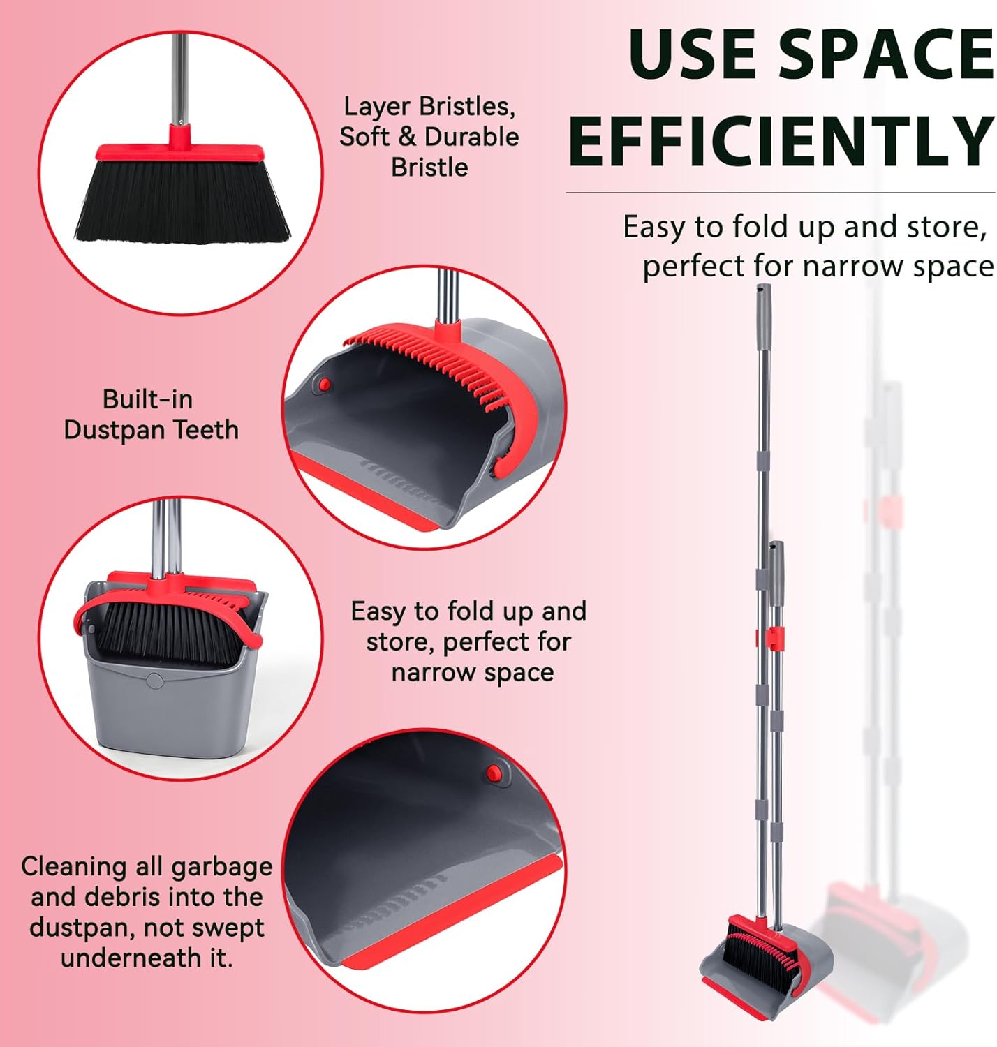 YZO Broom and Dustpan Set, 54.33 Inch Long Handle Standing Design, Dustpan Front Rubber Tight Seal, Broom with 5 Layer Bristles, Suitable for Living Room, Bedroom, Yard, Office and Apartment(Green)