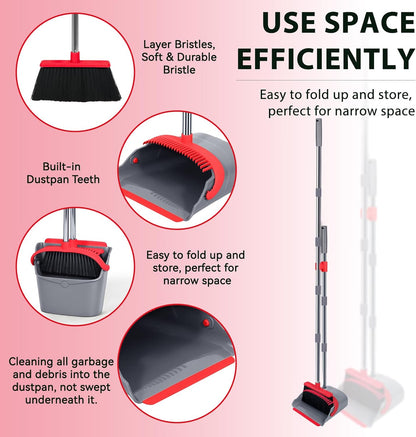 YZO Broom and Dustpan Set, 54.33 Inch Long Handle Standing Design, Dustpan Front Rubber Tight Seal, Broom with 5 Layer Bristles, Suitable for Living Room, Bedroom, Yard, Office and Apartment(Green)