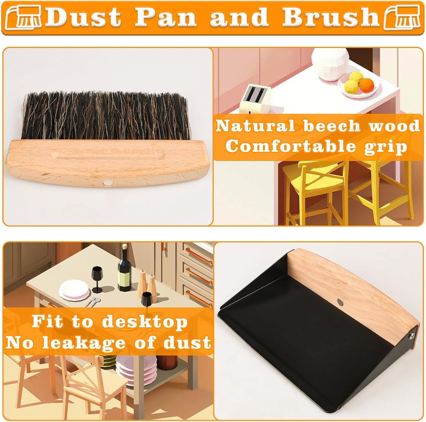 Small Dust Pan and Brush Set, Mini Hand Broom and Dustpan Set, Wooden Crumb Sweeper for Home Desktop, Sofa, Pet Care Household (Black)