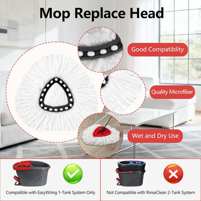 Spin Mop Replacement Set, Compatible with O-Ceda EasyWring 1-Tank Spin Mops 2 Microfiber Mop Head Refills, Adjustable 30–58 in Stainless Steel Handle, Scrubber Brush Head and Spin Base (M, Round)