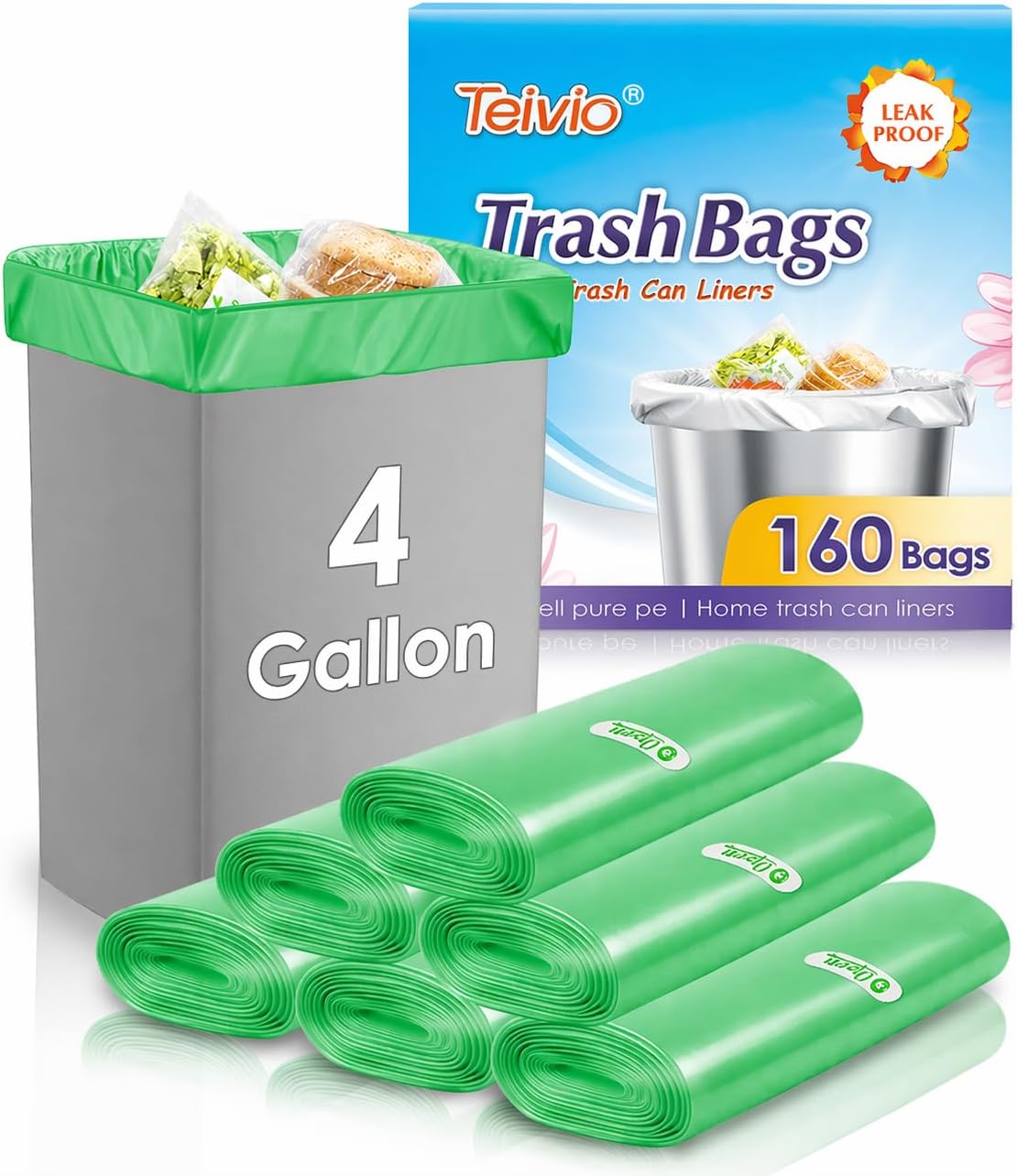 Teivio Small Trash Bags 4 Gallon 120 Counts Garbage Bags, Bathroom Trash Can Bin Liners, Small Plastic Bags for home office kitchen, fit 12-15 Liter, 3,3.5,4.5 Gal, Clear