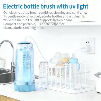 Portable Electric Silicone Bottle Brush Set, 7-in-1 UV Light USB Charging, Nipple/Straw Cleaner, Milk Mixer, Built-in Drying Rack & Storage Case, BPA-Free, IPX7, On-the-Go for New Parents (Mint)