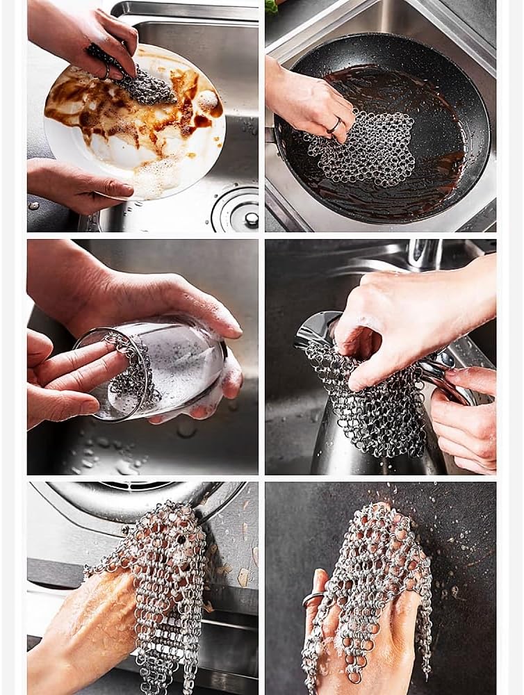 316L Stainless Steel Chain Mail Scrubber pan mesh Cloth for Casting Iron POTS, Frying Pans, pre-Flavor POTS, Cups and Bottles, cast Iron Cleaning, 2 Pieces (7inch)