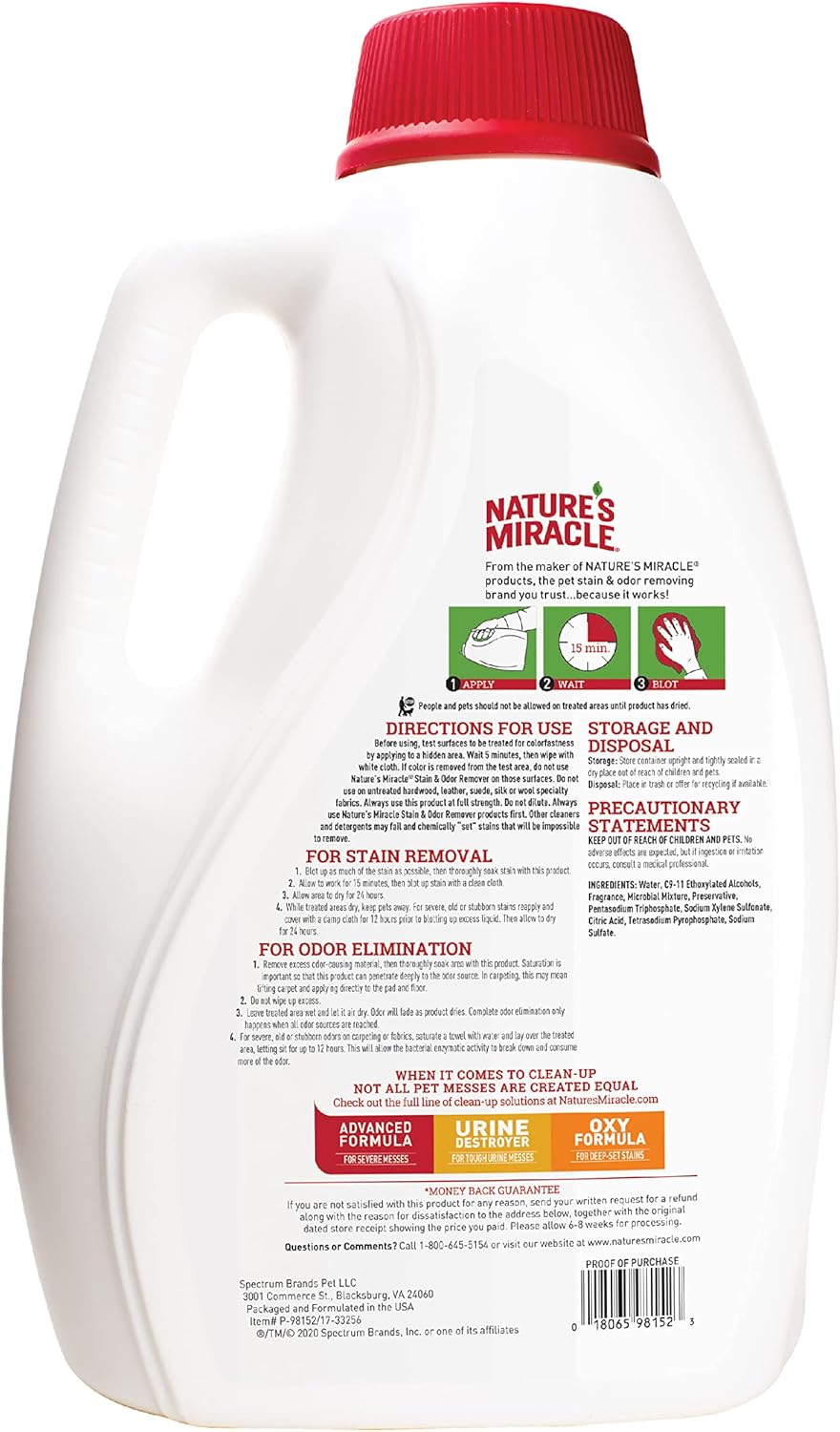 Nature's Miracle Stain and Odor Remover, Spot Stain and Pet Odor Eliminator, Enzymatic Formula, 32 Ounce Spray