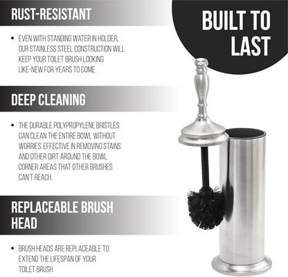 Splash Home Buena Stainless Steel Toilet Brush with Holder, Bowl Scrubber with Durable Cleaning Bristles, Hidden Brush with Splash Protective Disc Design - Chrome