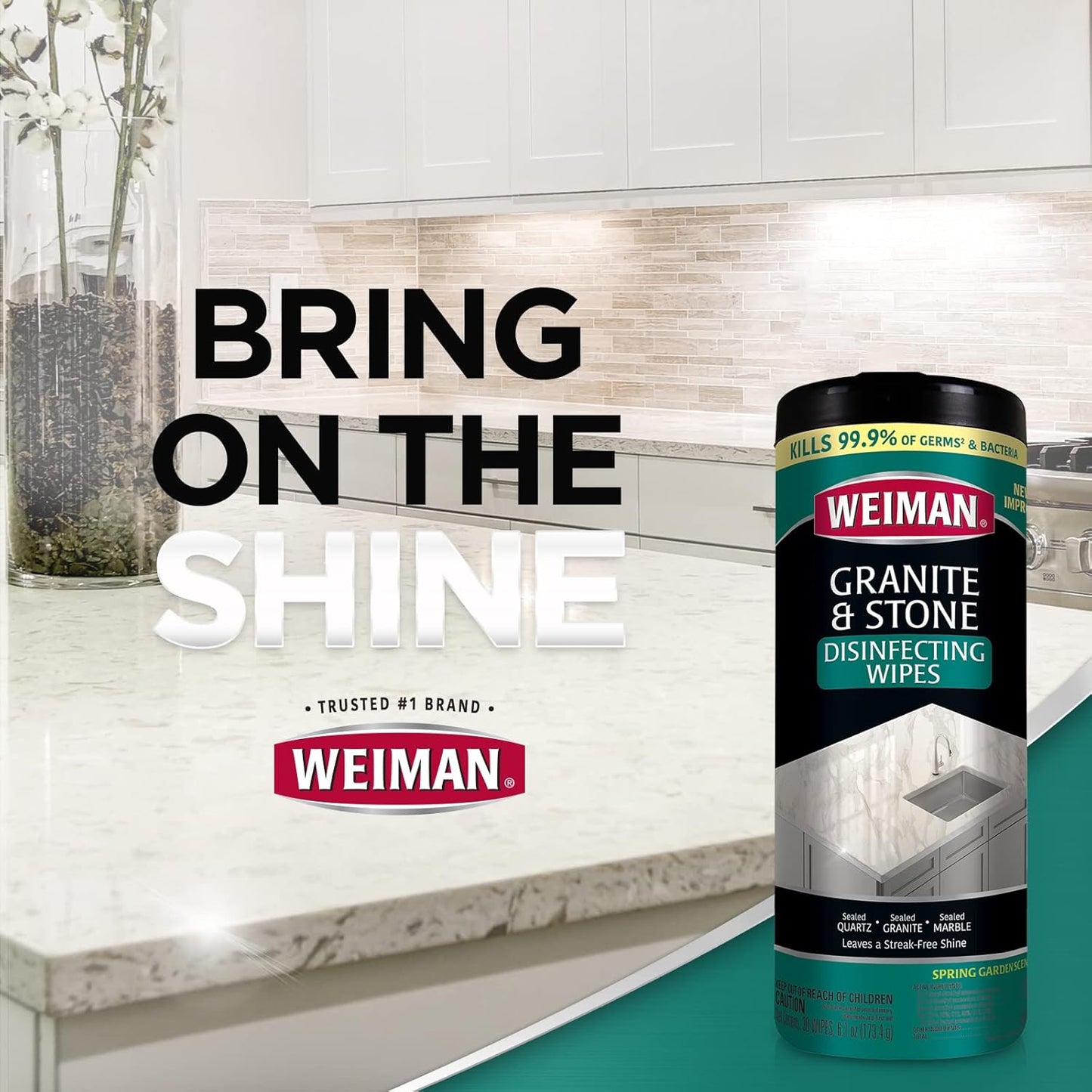 Weiman Granite Cleaner and Polish - 30 Wipes - For Granite Marble Soapstone Quartz Quartzite Slate Limestone Corian Laminate Tile Countertop and More (Pack of 1), Package May Vary