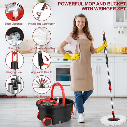 360° Spin Mop and Bucket System with Wringer - Includes 3 Microfiber Mop Refills & 50" Extended Handle for Floor Cleaning, Easy Squeeze, Efficient Home Cleaning Tool (Green)