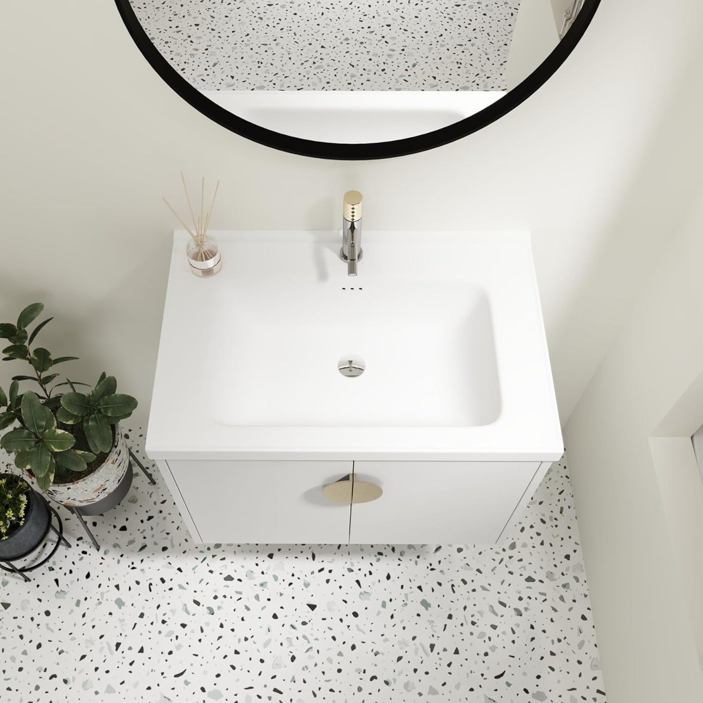 SSLine Modern 24-Inch Bathroom Vanity with Sink Wall Mounted Bathroom Vanity with Top Basin & Storage Cabinet White Wood Floating Vanity w/Ceramic Sink & Gold/Black Handles for Small Space