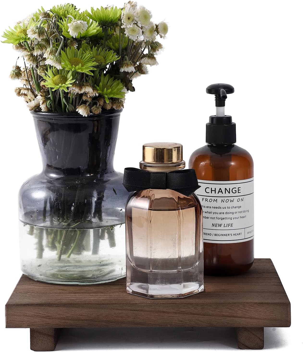 zoocatia Small Wood Tray Pedestal Stand Farmhouse Bathroom Decor Decorative Wooden Riser Kitchen Soap Dish Holder for Vanity, Counter, Sink, 9" x 5.9" - Black