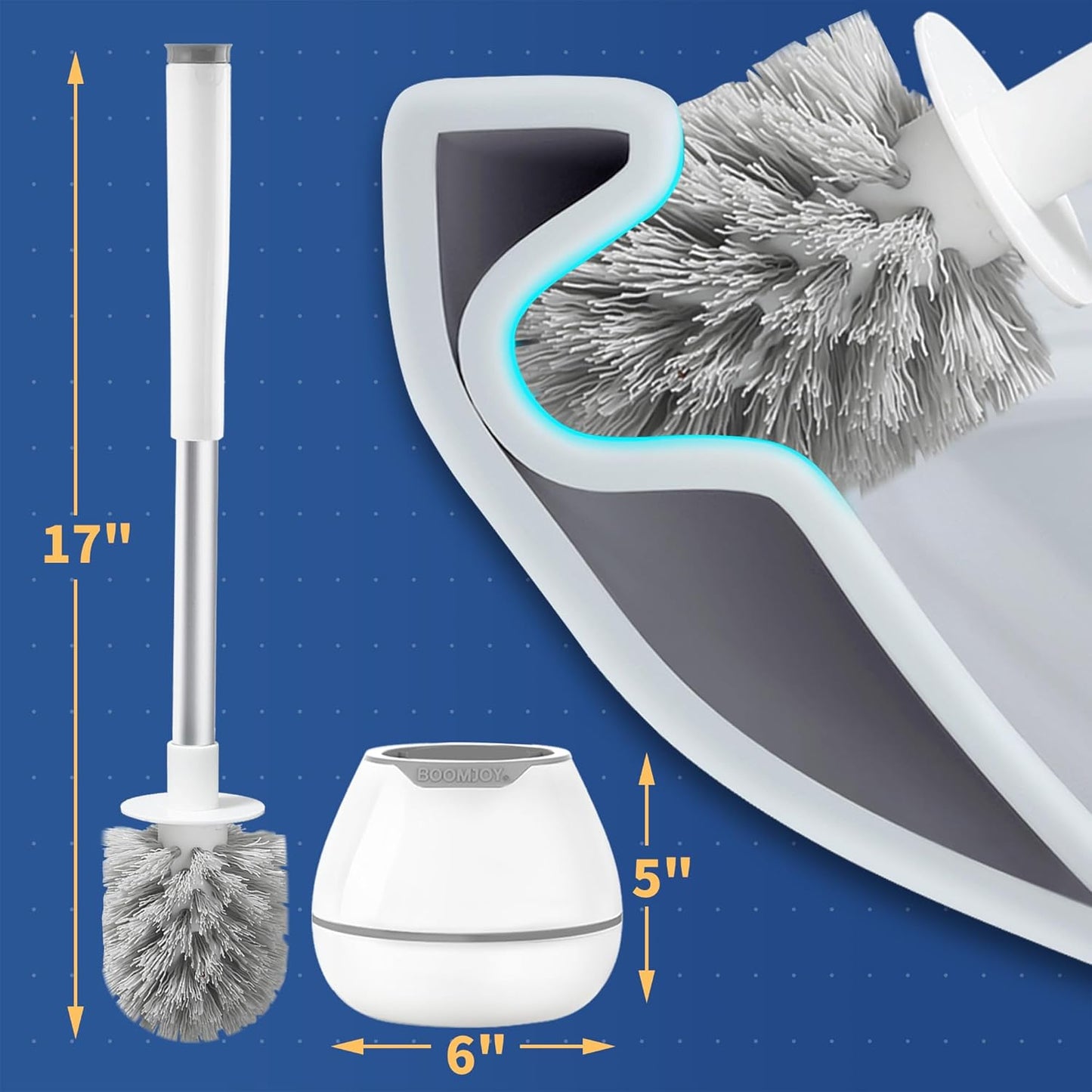 BOOMJOY Toilet Brush and Holder Set, Silicone Toilet Bowl Cleaner Brush, Bathroom Cleaning Bowl Kit with Tweezers, Bathroom Accessories with Aluminum Handle - White