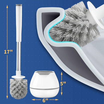 BOOMJOY Toilet Brush and Holder Set, Silicone Toilet Bowl Cleaner Brush, Bathroom Cleaning Bowl Kit with Tweezers, Bathroom Accessories with Aluminum Handle - White