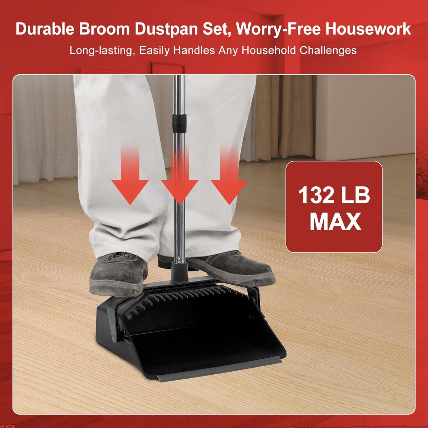 Tiumso Upgrade Broom with Dustpan Combo Set, Broom and Dustpan Set with 51'' Long Handle, Dust Pan and Brooms, ZeroGap Lip, Self-Cleaning Dustpans Teeth for Lobby Kitchen Restaurant - Black and Red