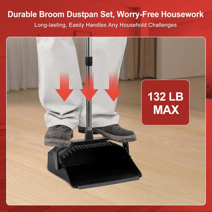 Tiumso Upgrade Broom and Dustpan Set, Broom with Dustpan Combo Sets, Large Brooms and Dust Pan with Handle, Self-Cleaning Dust Pans, Heavy Duty Broom and Dustpans Set for Lobby Kitchen Office - Green