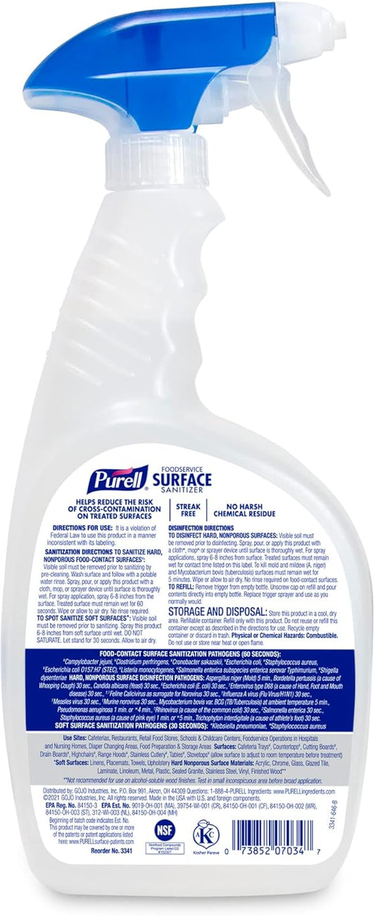 PURELL Foodservice Surface Sanitizer Spray, Fragrance Free, 32 fl oz Capped Bottle with Spray Trigger in Pack (Pack of 6) - 3341-06