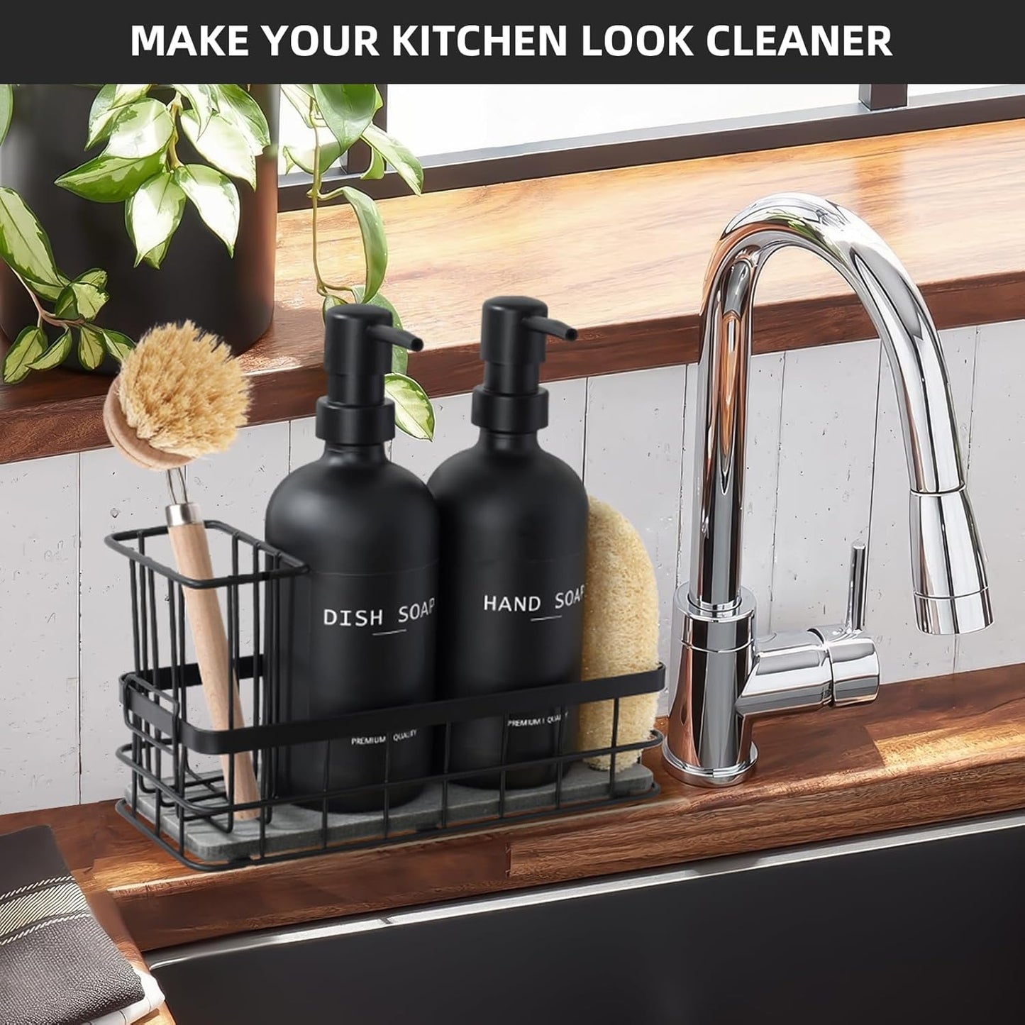Dish Soap Dispenser for Kitchen, 16.9 fl oz Amber Hand and Dish Soap Dispensers, Kitchen Soap Dispenser Set with Sponge Holder, Brush Holder and Loofah Sponge, Countertop Sink Organizer Accessories
