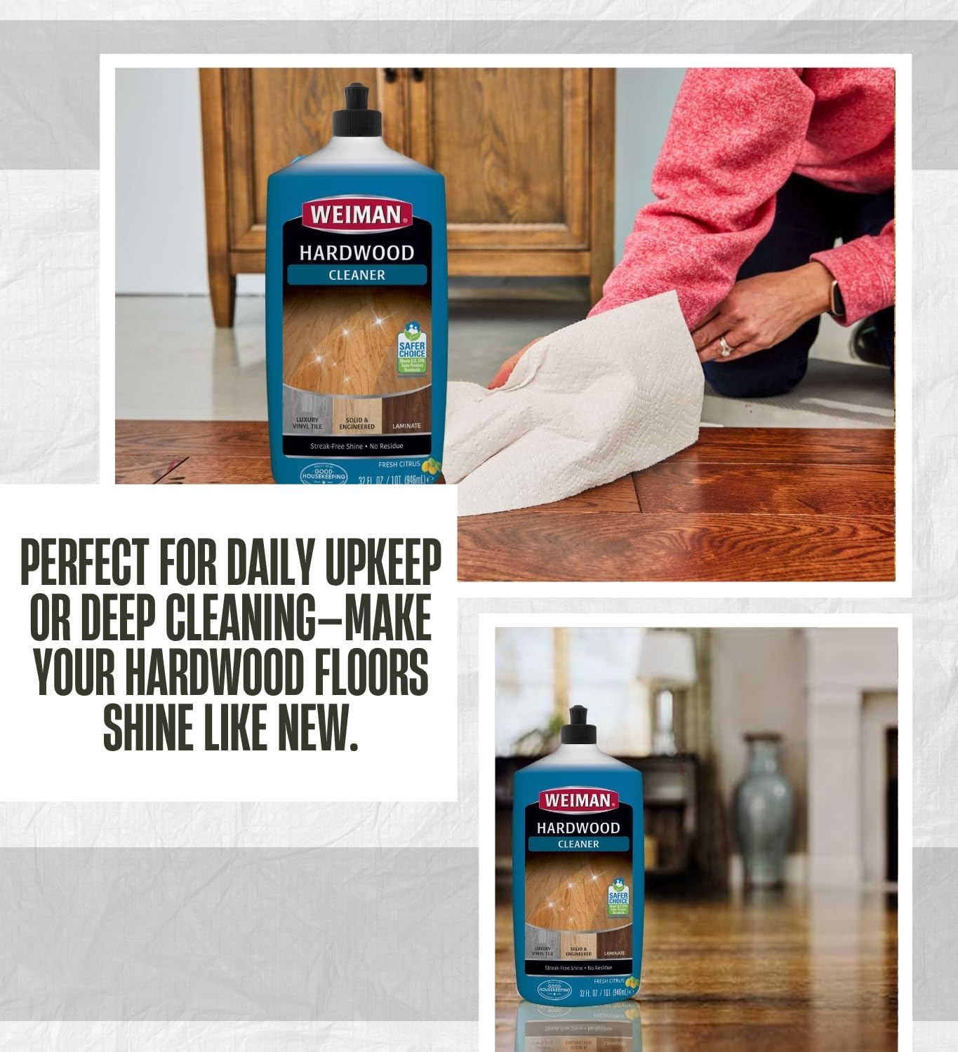 Weiman Professional Citrus Scent Hardwood Floor Cleaner Liquid 32 oz Bundle with Microfiber Cloth – Cleans and Shines Wood, Laminate, and Tile Floors – Gift Set (2 Items)