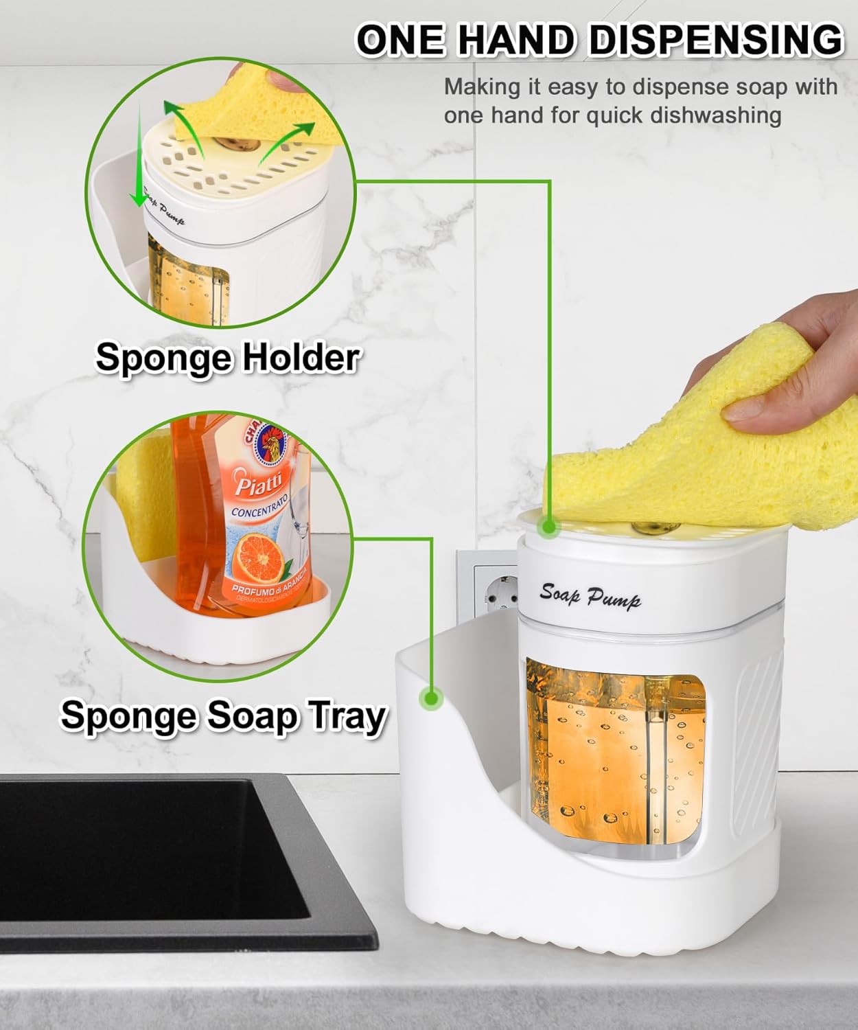 Kitchen Dish Soap Dispenser with Sponge Holder, 3-in-1 Countertop Dishwashing Soap Pump Dispenser Set for Kitchen Sink, Useful Kitchen Gadgets - Black