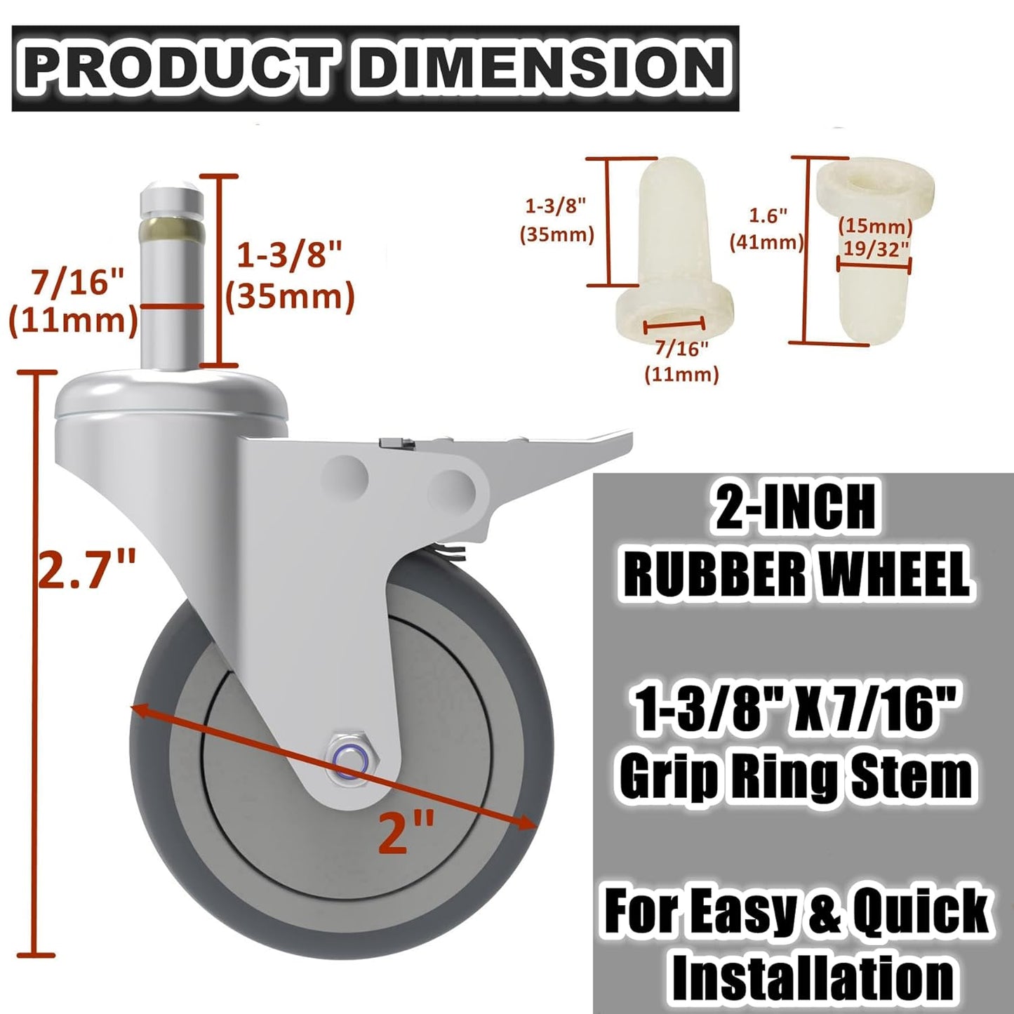 RILIDRI 3-Inch Swivel Stem Caster for Rubbermaid Mop Bucket Utility Cart, 7/16-Inch Stem Diameter Rubber Wheel Set of 4, Heavy Duty TPR Weber Grills Shop Vac Replacement Wheels