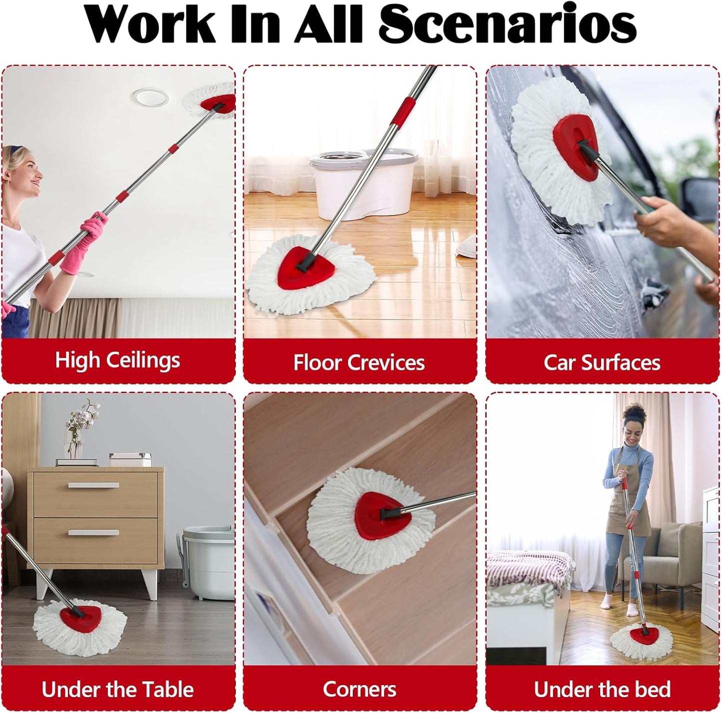 Spin Mop Replacement Set for O-Ceda RinseClean 2-Tank System, 16 Microfiber Spin Mops Refills,1 Scrubber Head,1 Triangle Spin Base,and(31-63in) Adjustable Handle Set Combo