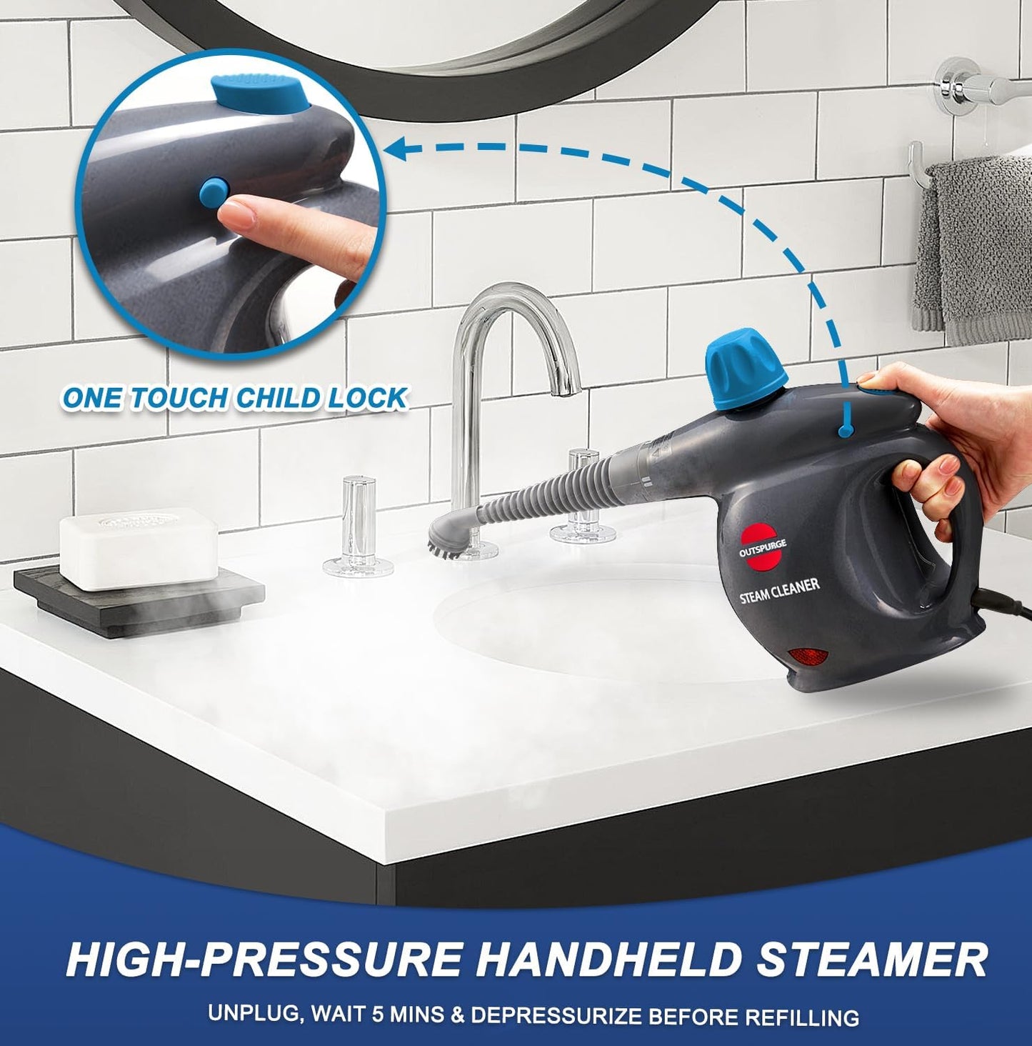 Handheld Steam Cleaner, Pressurized Multi-Surface Steam Shot with 13 Accessories, Safety Lock, Steamer for Cleaning Floor, Upholstery, Grout, Windows, Couch and Car (Yellow)