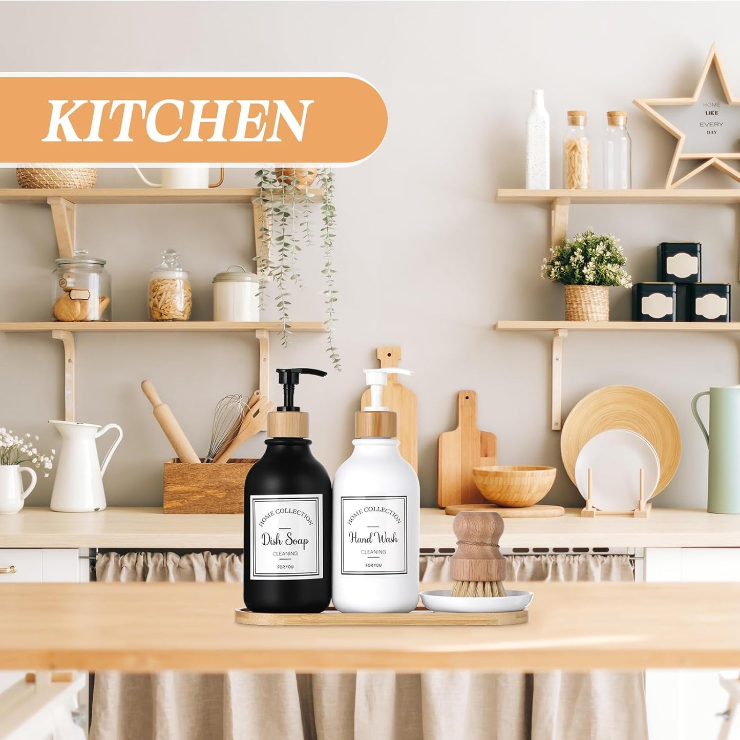 Zopeal 4 Pcs 16 oz Kitchen Soap Dispenser Set with Bamboo Tray and Dish Brush Plastic Soap Dispenser Set with Waterproof Labels for Hand Dish Lotion(Frosted Black)