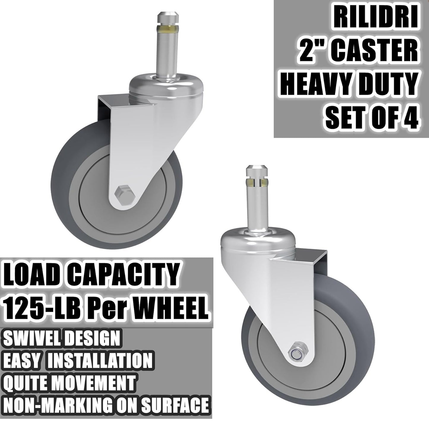 RILIDRI 3-Inch Swivel Stem Caster for Rubbermaid Mop Bucket Utility Cart, 7/16-Inch Stem Diameter Rubber Wheel Set of 4, Heavy Duty TPR Weber Grills Shop Vac Replacement Wheels