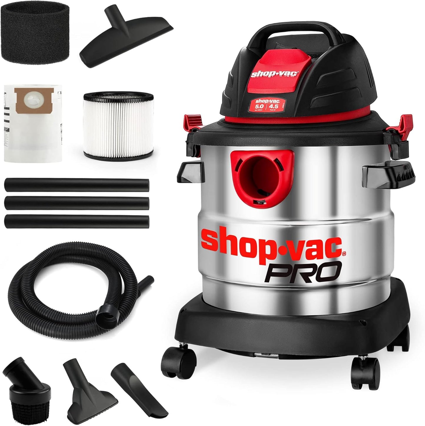 Shop-Vac 12 Gallon 6.0 Peak HP Wet/Dry Vacuum, Stainless Steel Tank, 3 in 1 Function Portable Shop Vacuum with Attachments, Drain Port, Ideal for Jobsite, Garage & Workshop. 5926211
