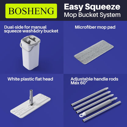BOSHENG Mop and Bucket with Wringer Set, Flat Floor Mop and Bucket, with 3 Microfiber Mops for Floor Cleaning, Wet and Dry Use for Household Cleaning - White