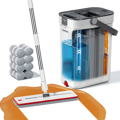 HoMettler Mop and Bucket Set, 3-Tank Flat Mop and Bucket System for Separate Dirty & Clean Water, 65" Mops for Floor Cleaning with 4 Washable Pads, Safe for Hardwood, Vinyl, Tile, Baseboards, Walls