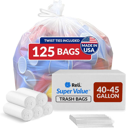 Reli. 40 to 45 Gallon Trash Bags Heavy Duty | 125 Trash Bags with Ties | Super Sizeable, Clear, Serious Garbage Cleanup